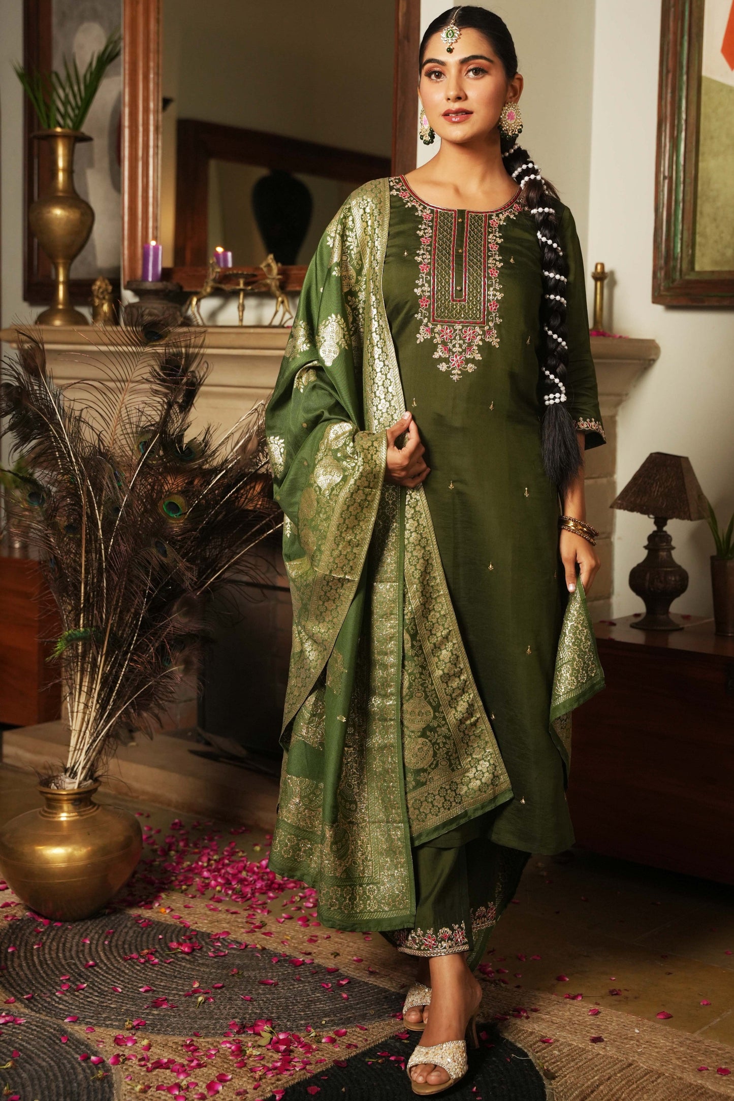 Embroidered Chanderi Green Kurta