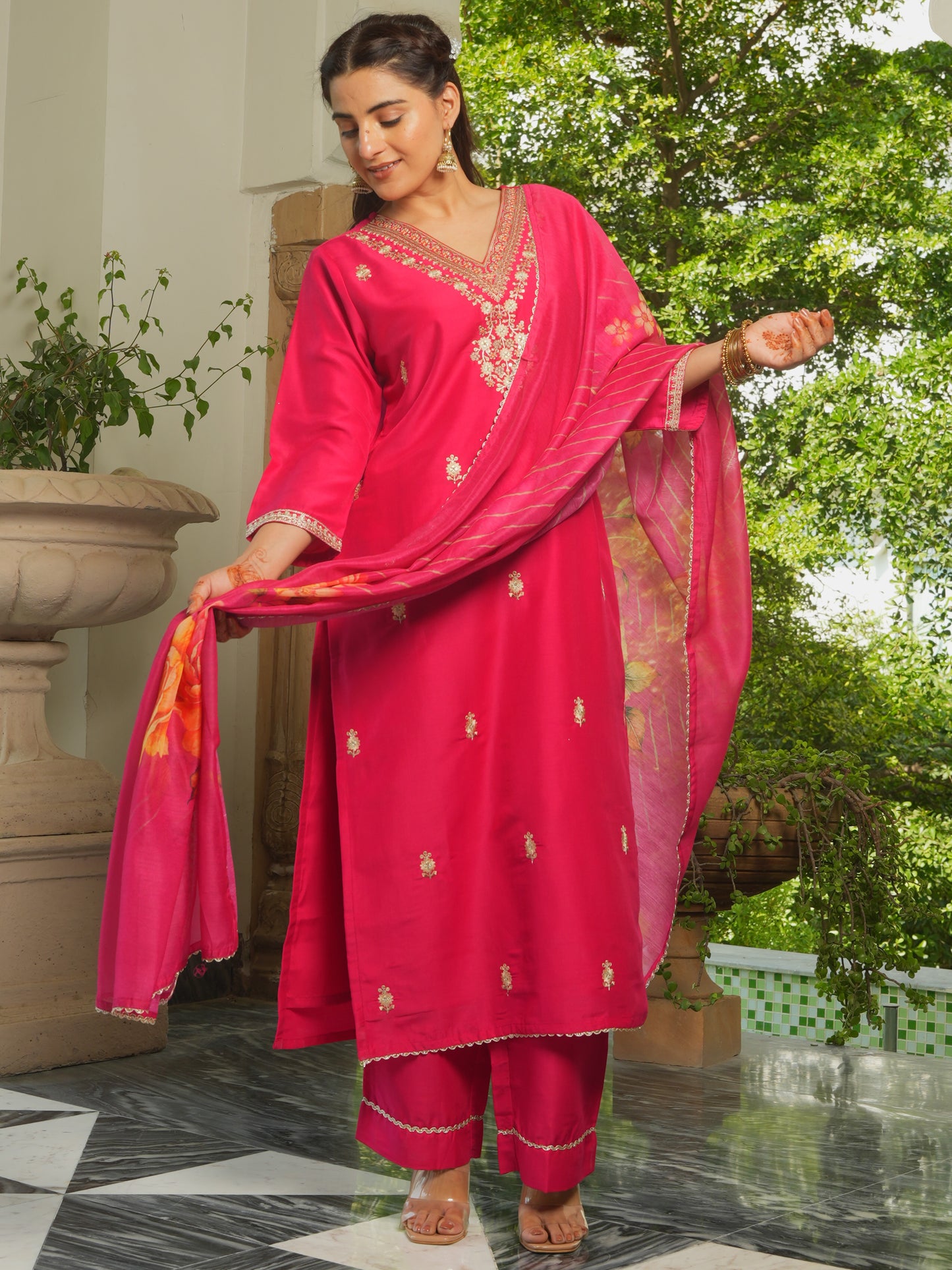 Chanderi Floral Burnt Pink Dupatta