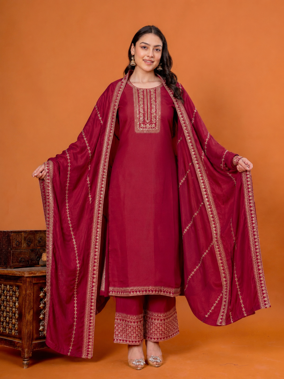 Embroidered Chanderi Solid Maroon Dupatta