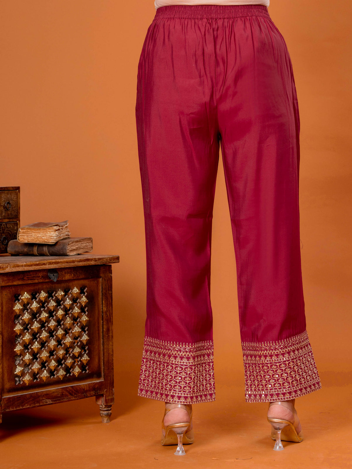 Embroidered Chanderi Solid Straight Maroon Kurta
