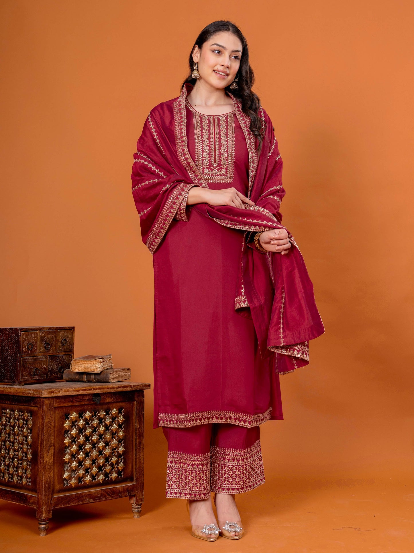 Embroidered Chanderi Solid Straight Maroon Kurta