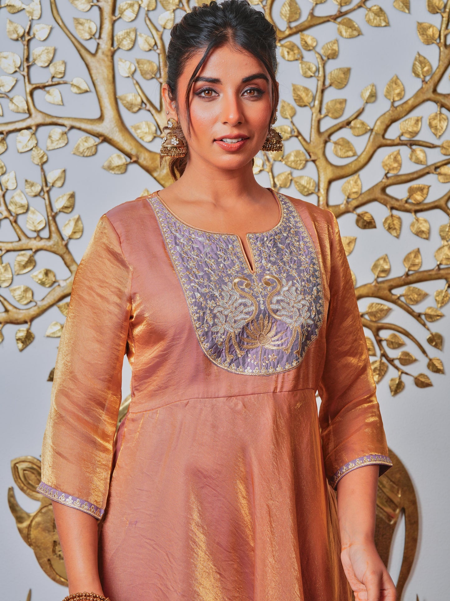 Embroidered Blended Silk Solid Anarkali Gold Kurta