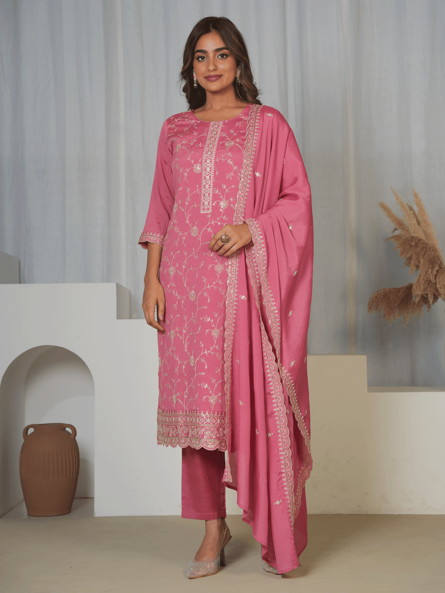 Embroidered Chiffon Solid Dusty Pink Dupatta