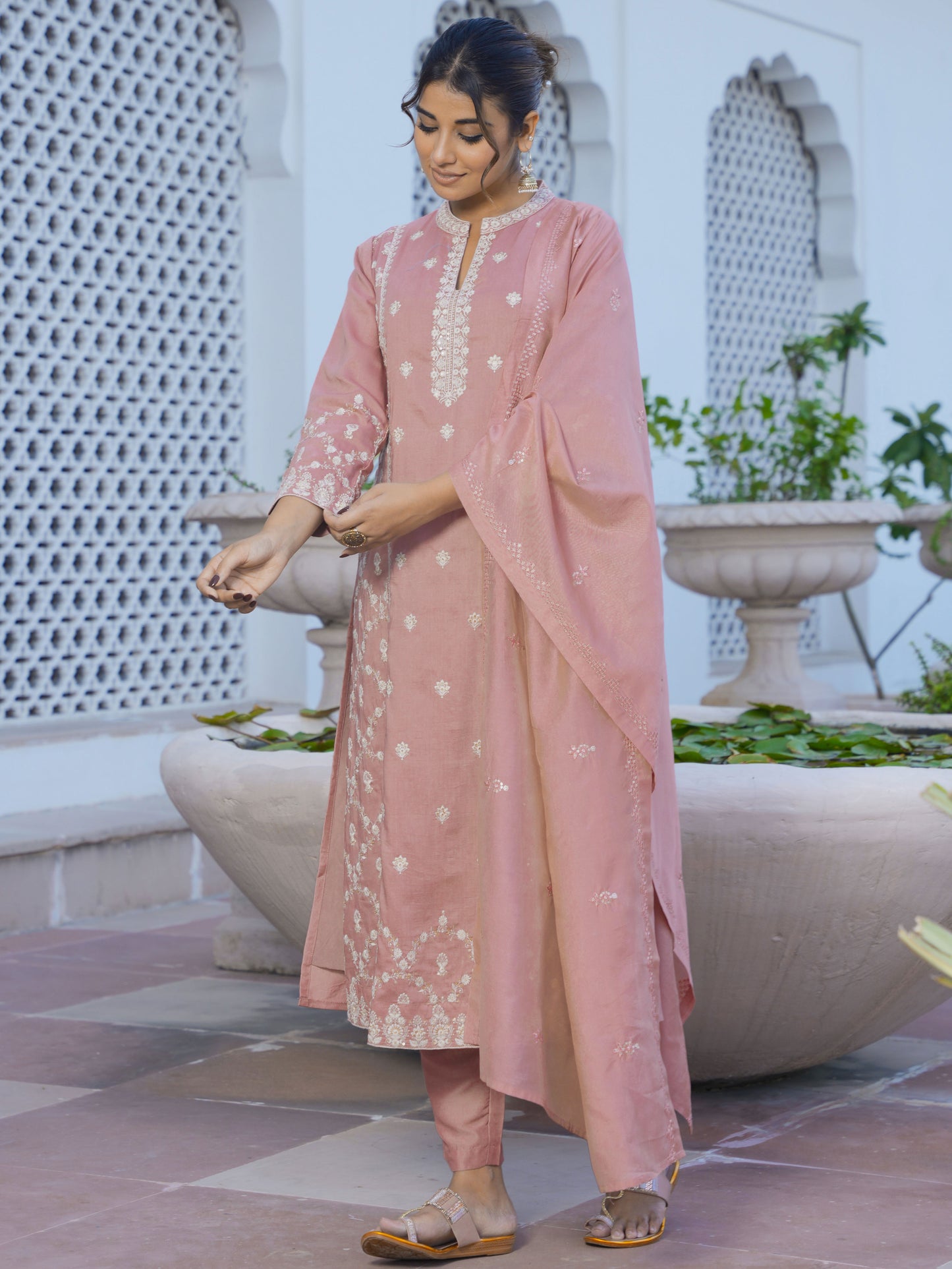 Embroidered Chiffon Solid Dusty Pink A-line Kurta
