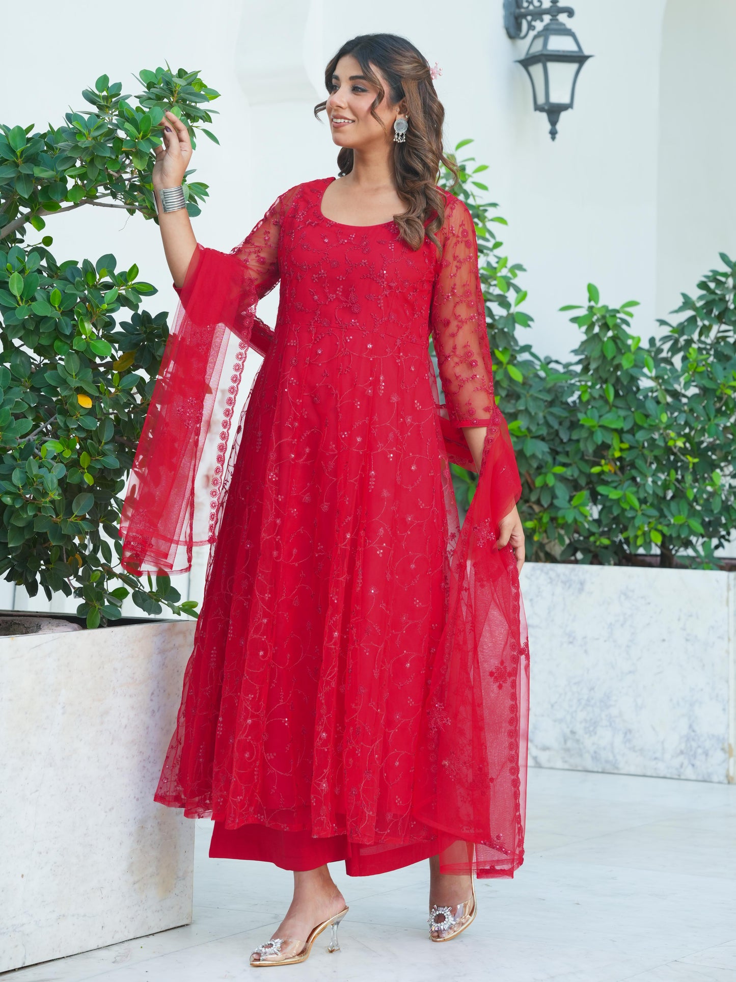 Embroidered Net Solid Red Dupatta