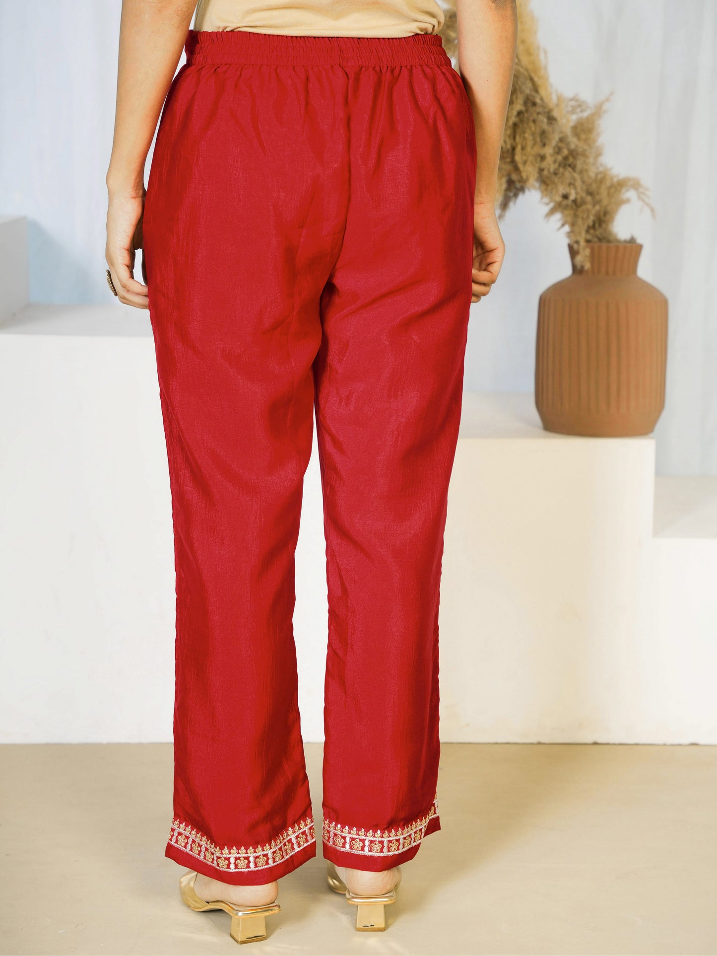 Embroidered Blended Silk Solid Red Trousers