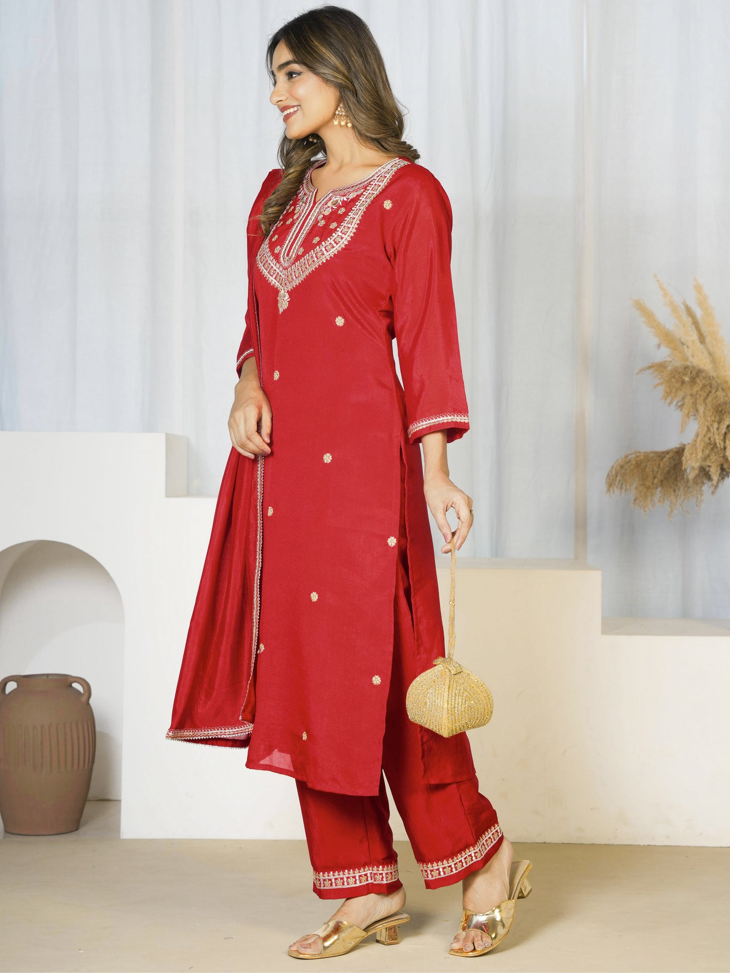 Embroidered Blended Silk Solid Red Dupatta