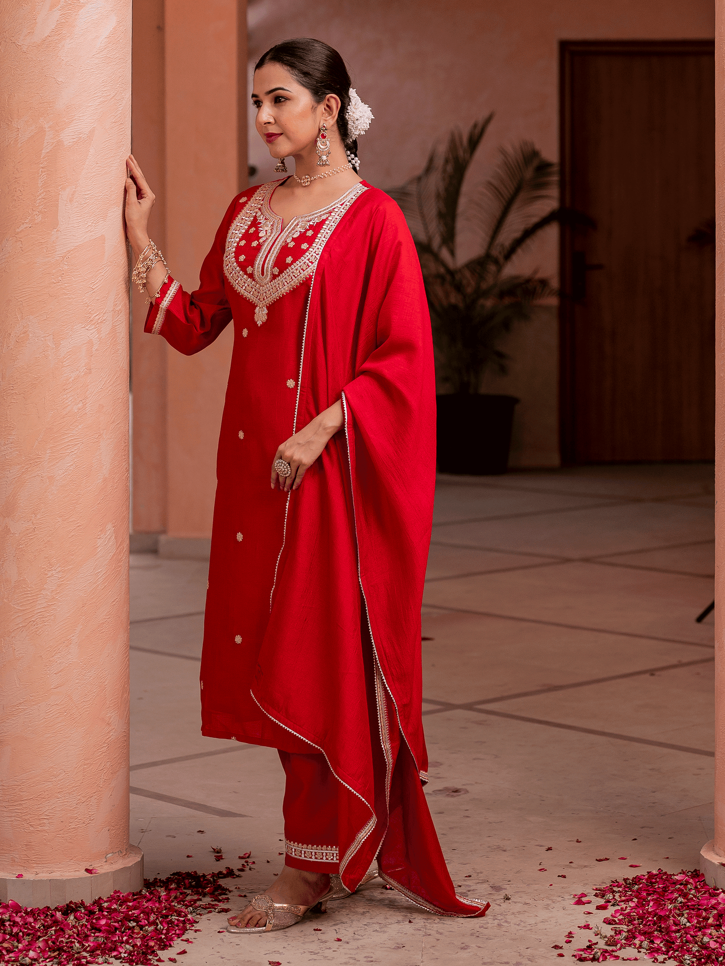 Embroidered Silk Blend Solid Red Straight Kurta