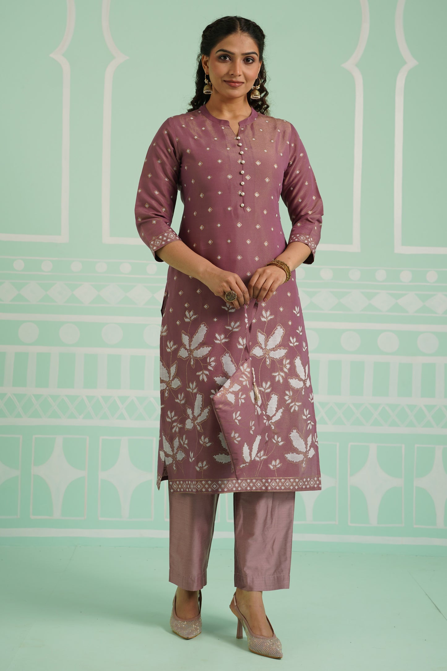 Chanderi Placement Print Straight Mauve Kurta