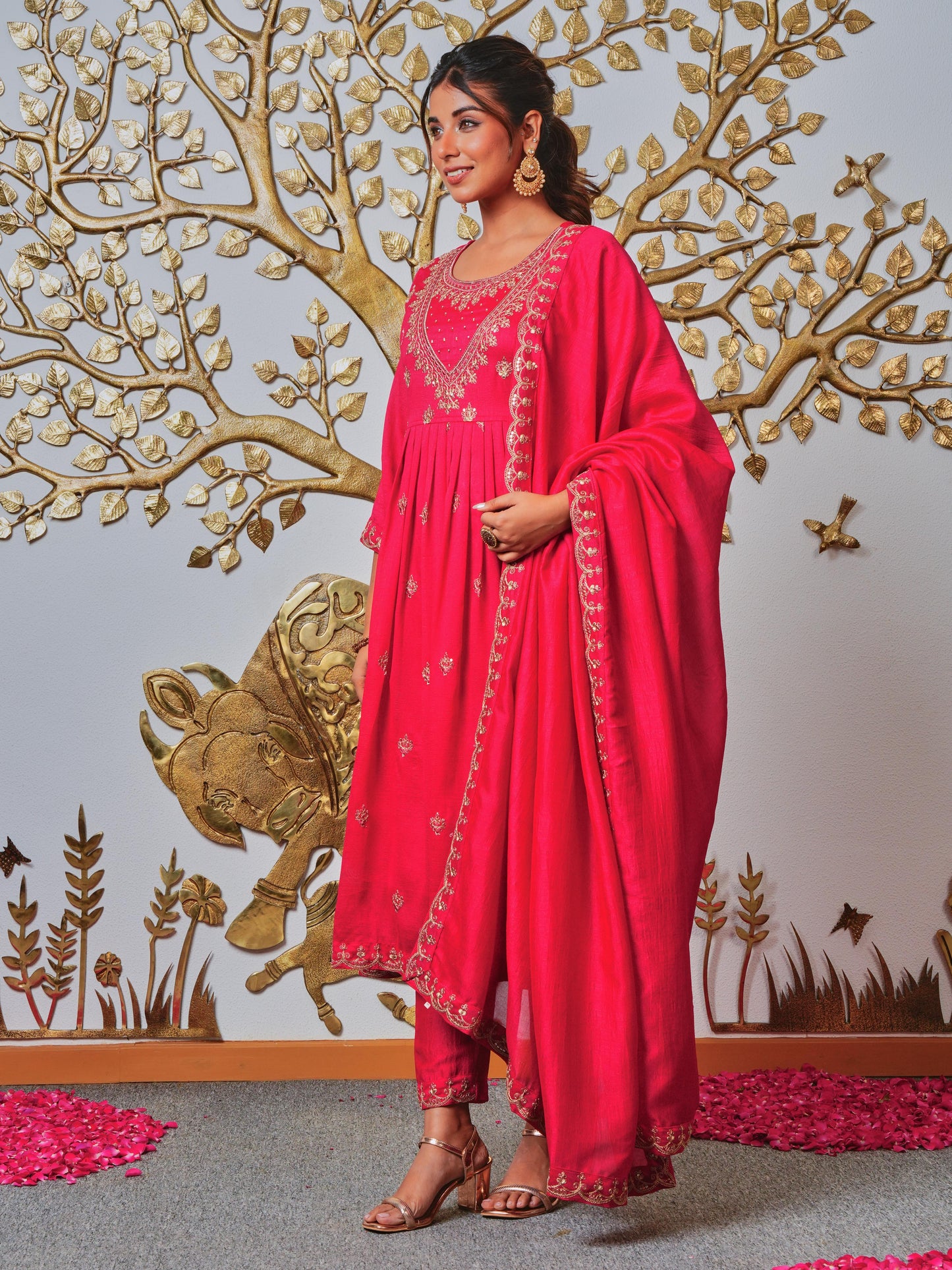 Embroidered Blended Silk Solid Royal Pink Kurta