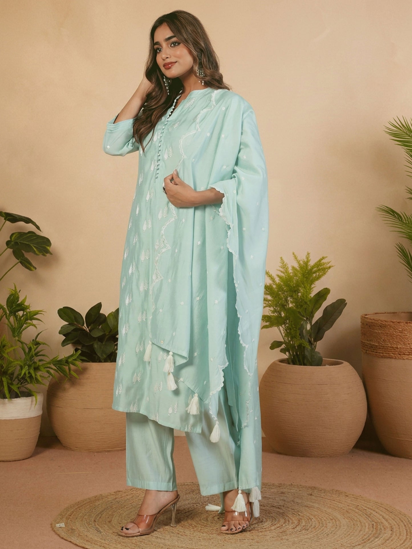 Embroidered Chanderi Solid Baby Blue Straight Kurta