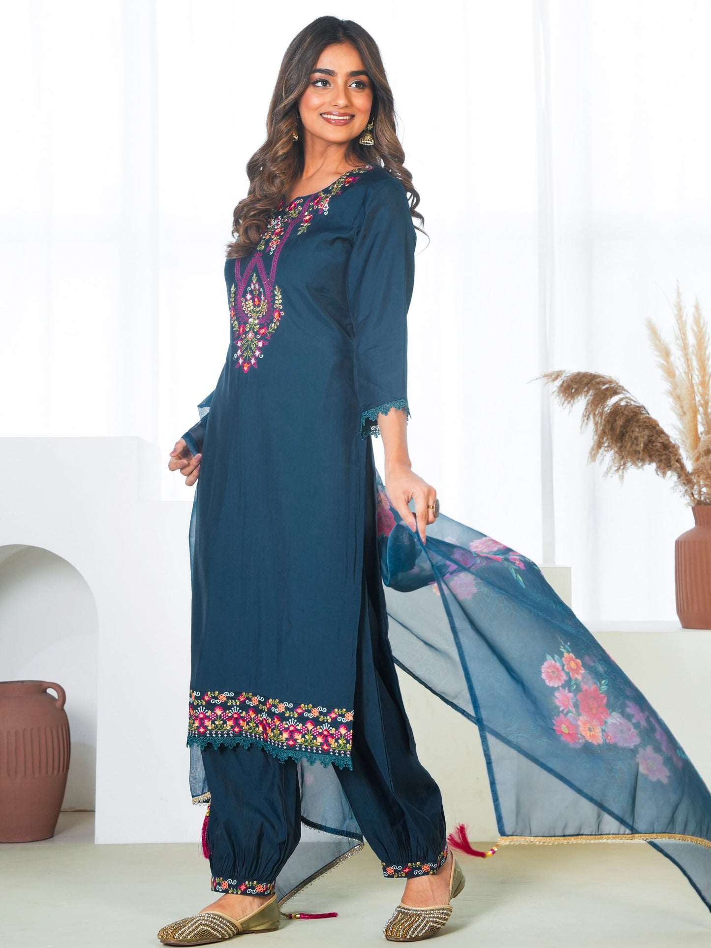 Organza Floral Teal Dupatta