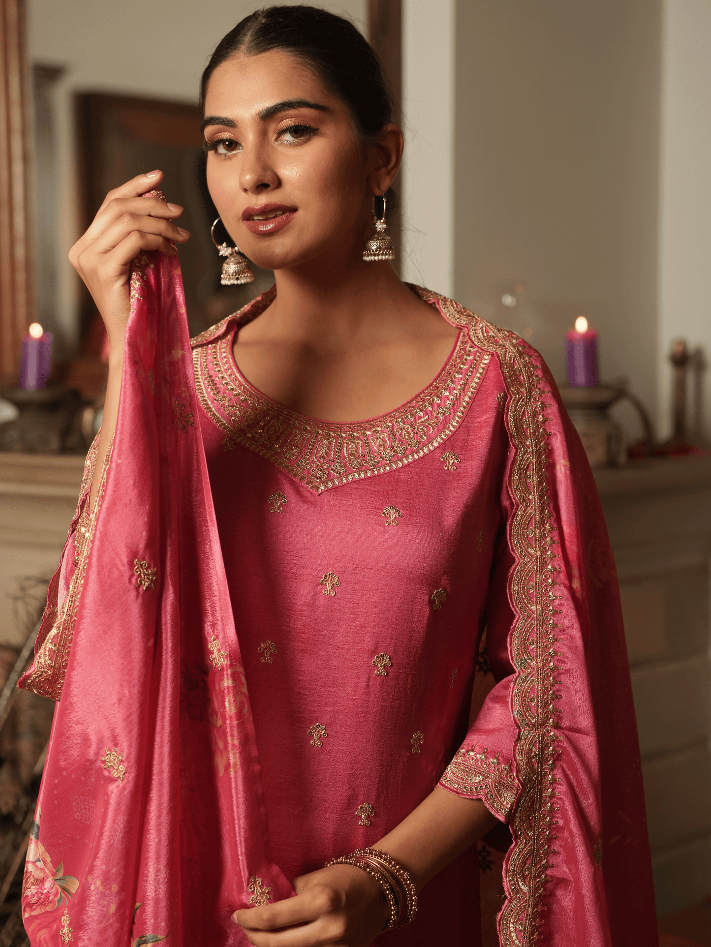 Embroidered Chiffon Floral Coral Dupatta