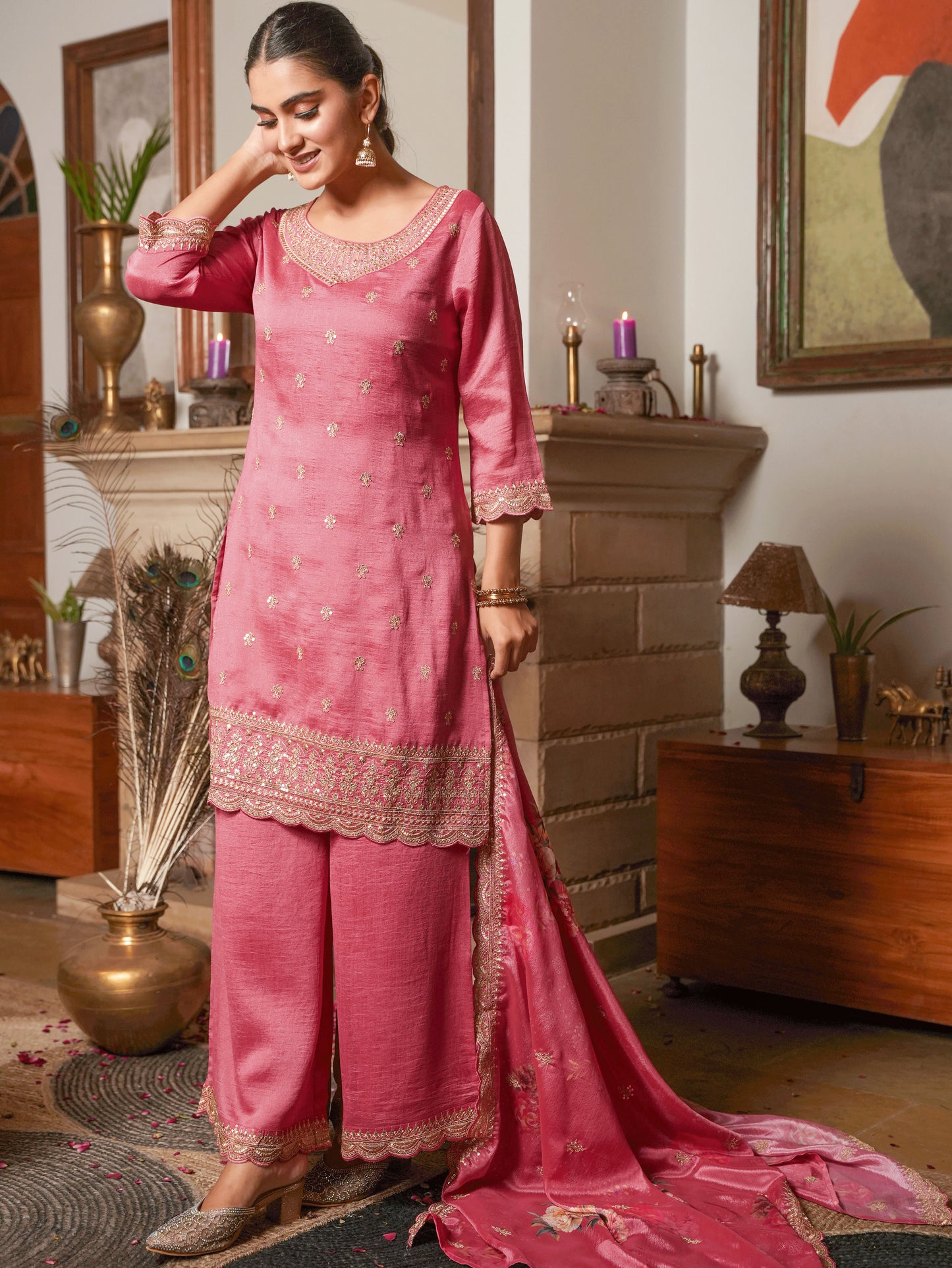 Embroidered Blended Silk Coral Kurta