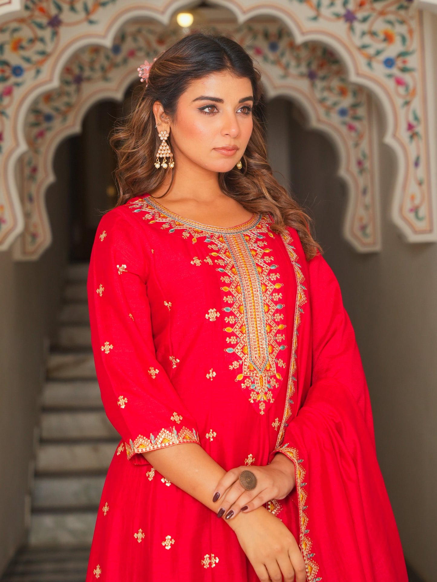 Embroidered Poly Silk Solid Red Kurta