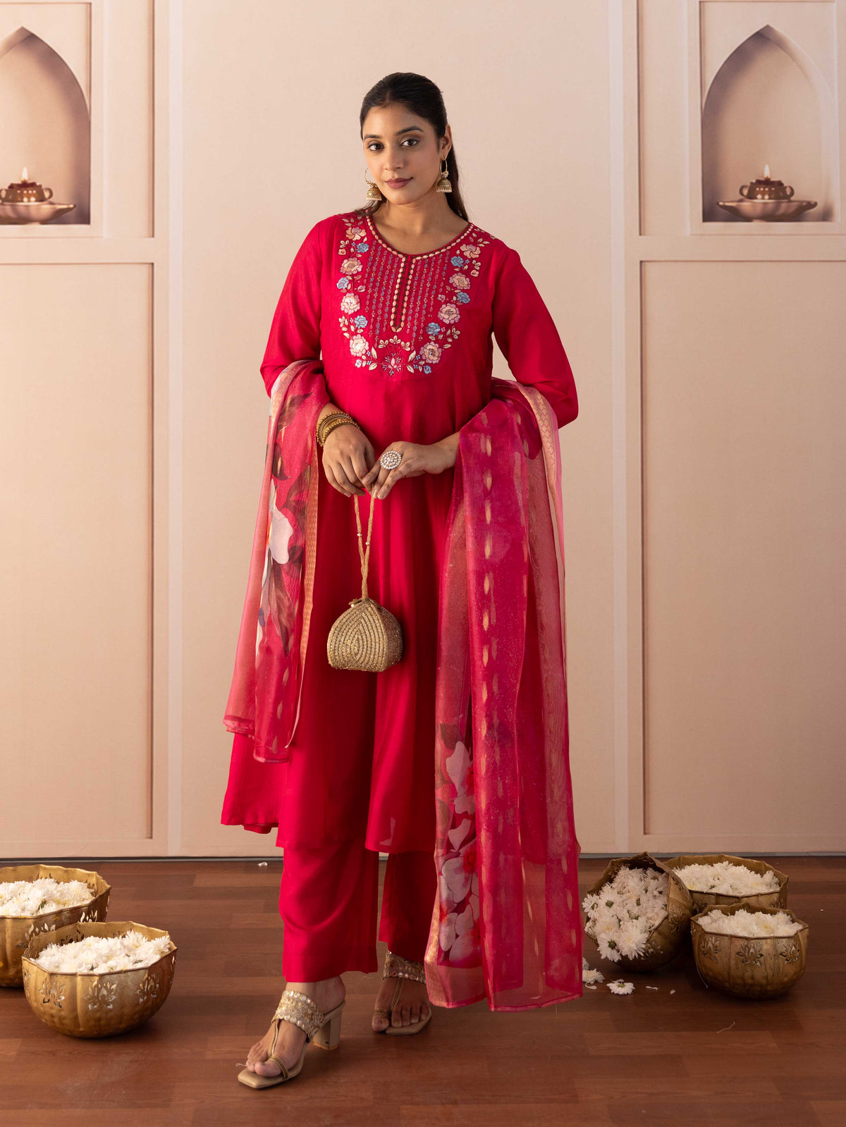 Organza Floral Dark Pink Dupatta
