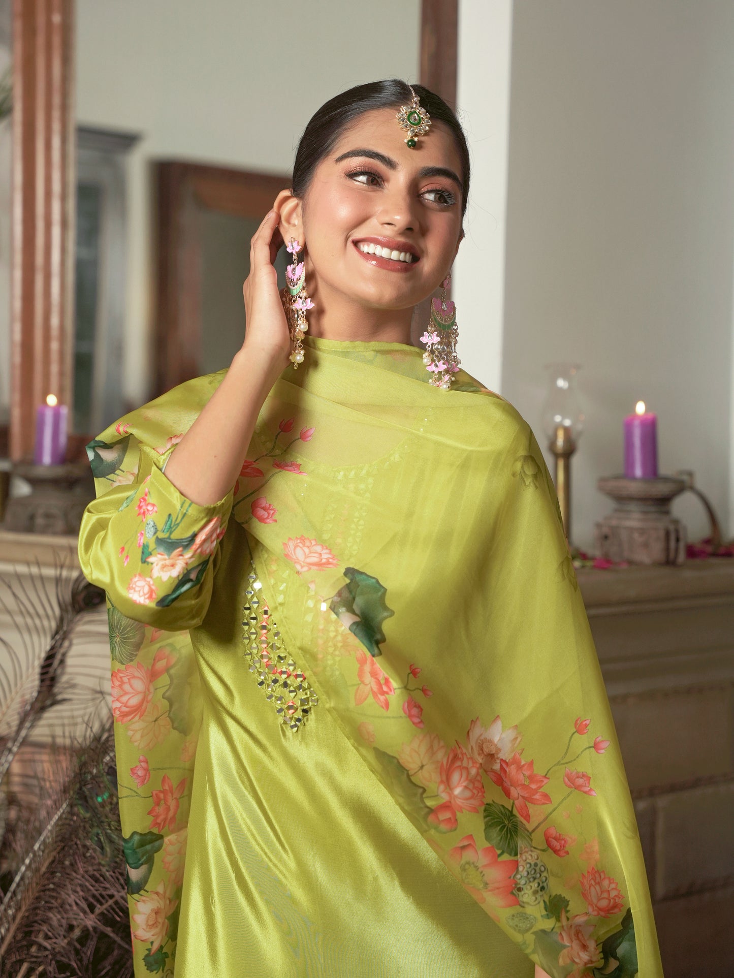 Embroidered Blended Silk Floral Lime Green Kurta