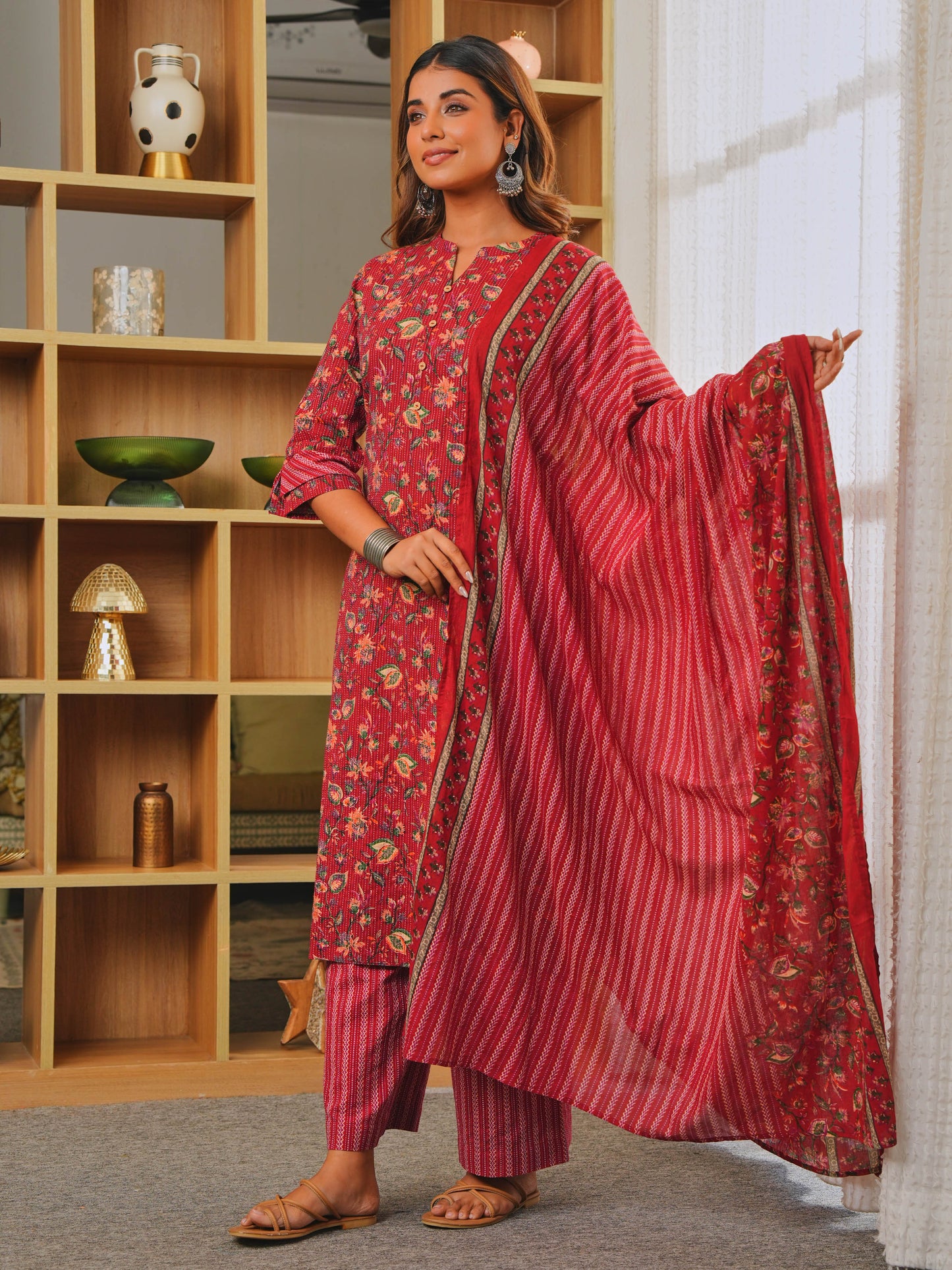 Cotton Voile Border print Red Dupatta