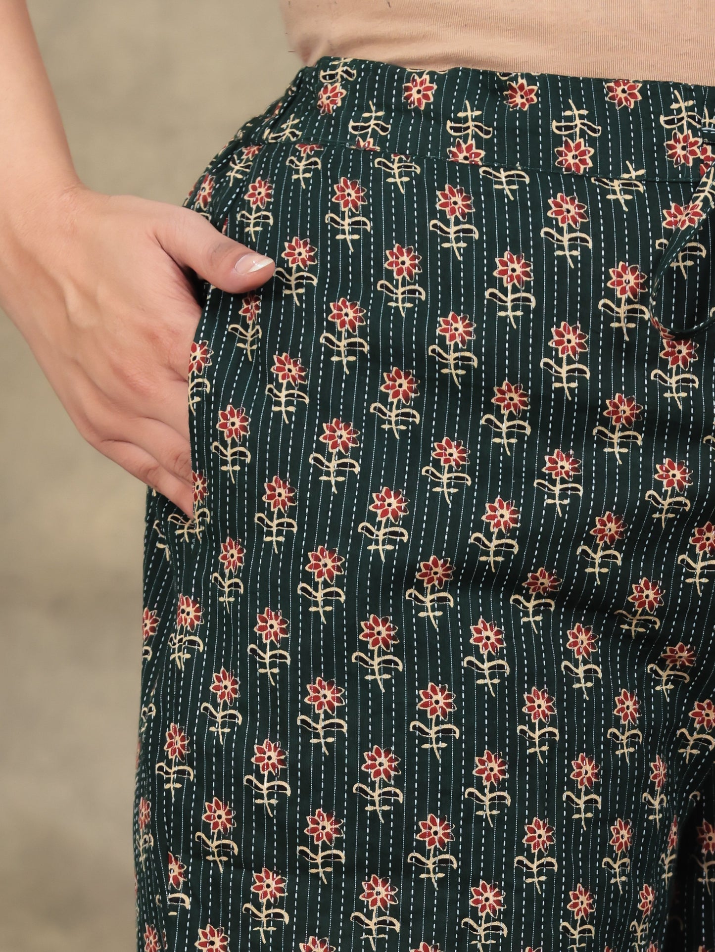 Kantha Cotton Floral Flared Green Kurta