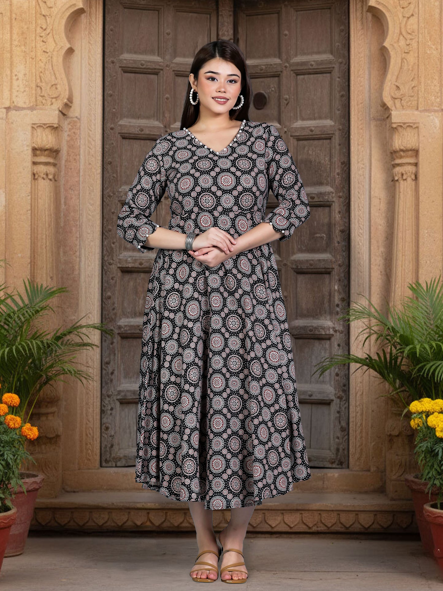 Kantha Cotton Geometric Anarkali Black Dress