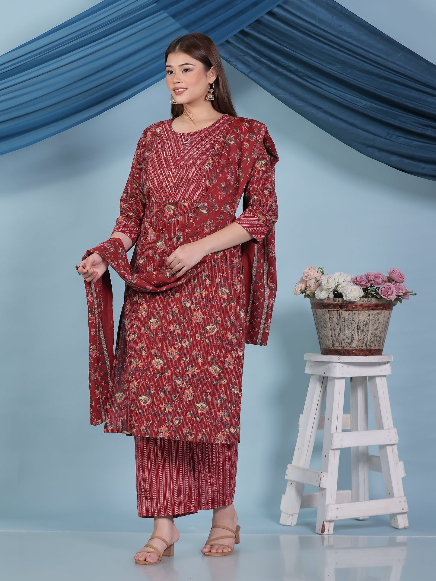 Cotton Voile Border print Red Dupatta
