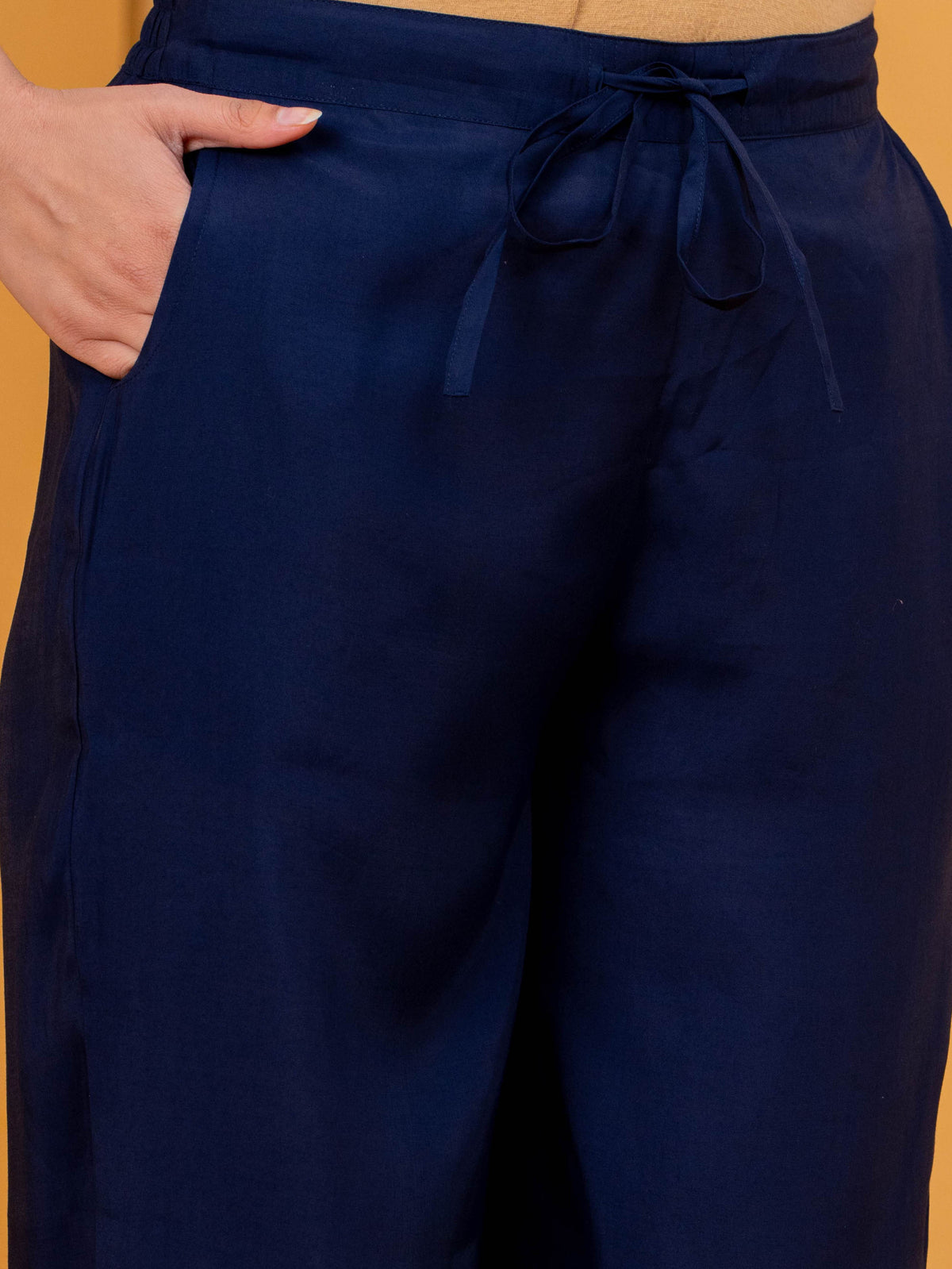 Chanderi Solid Navy Blue Straight Trousers