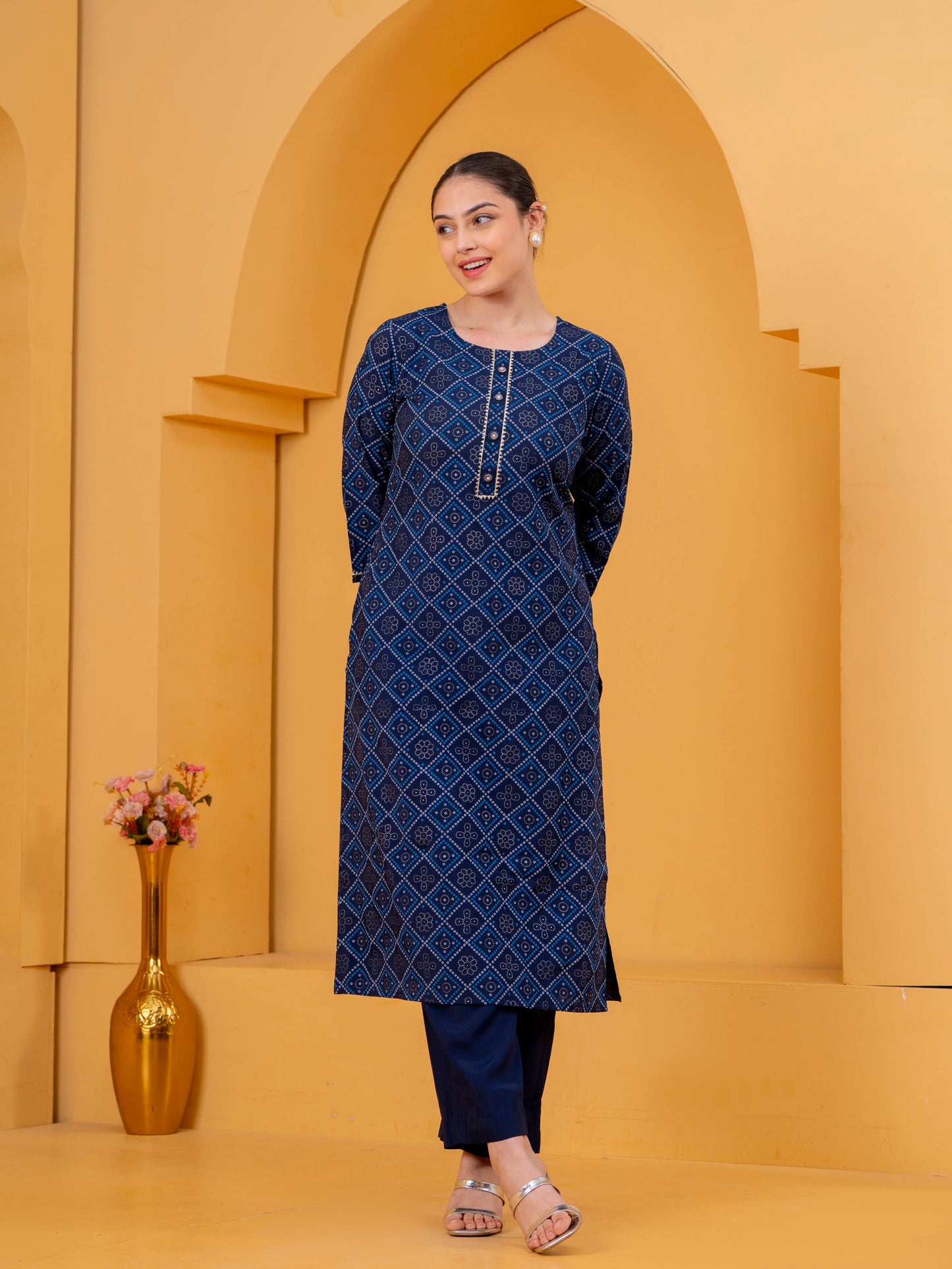 Chanderi Geometric Straight Navy Blue Kurta