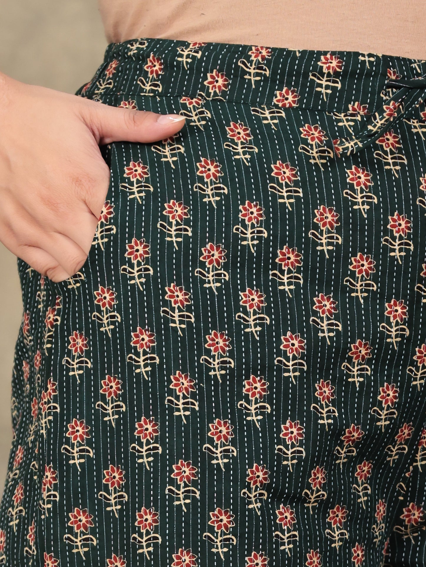 Kantha Cotton Butti Green Straight Trousers