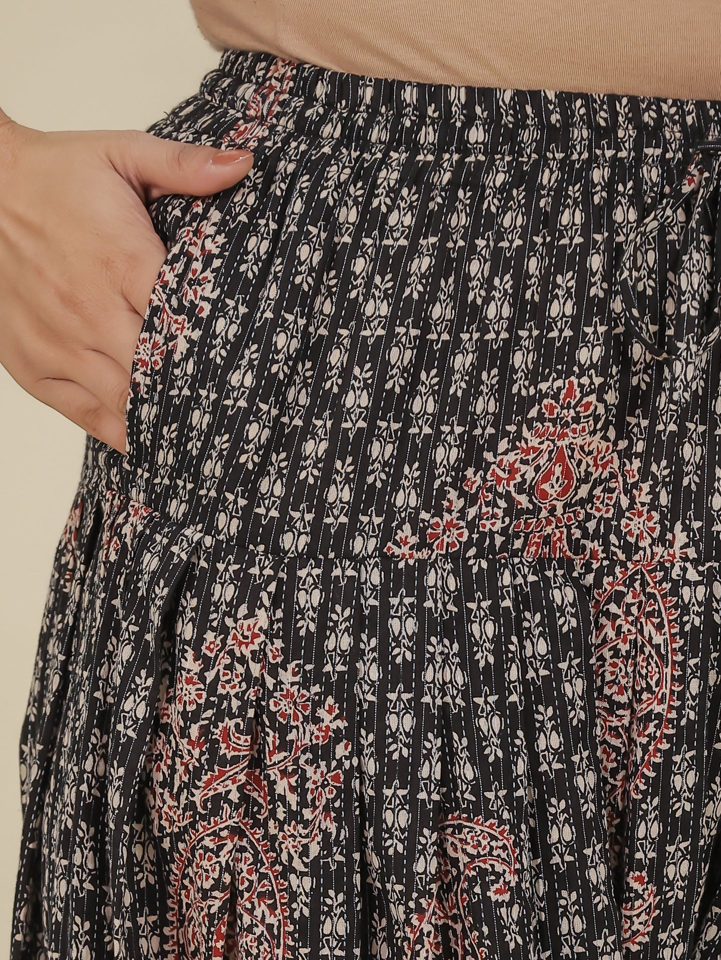 Embroidered Kantha Cotton Block Print Flared Black Kurta