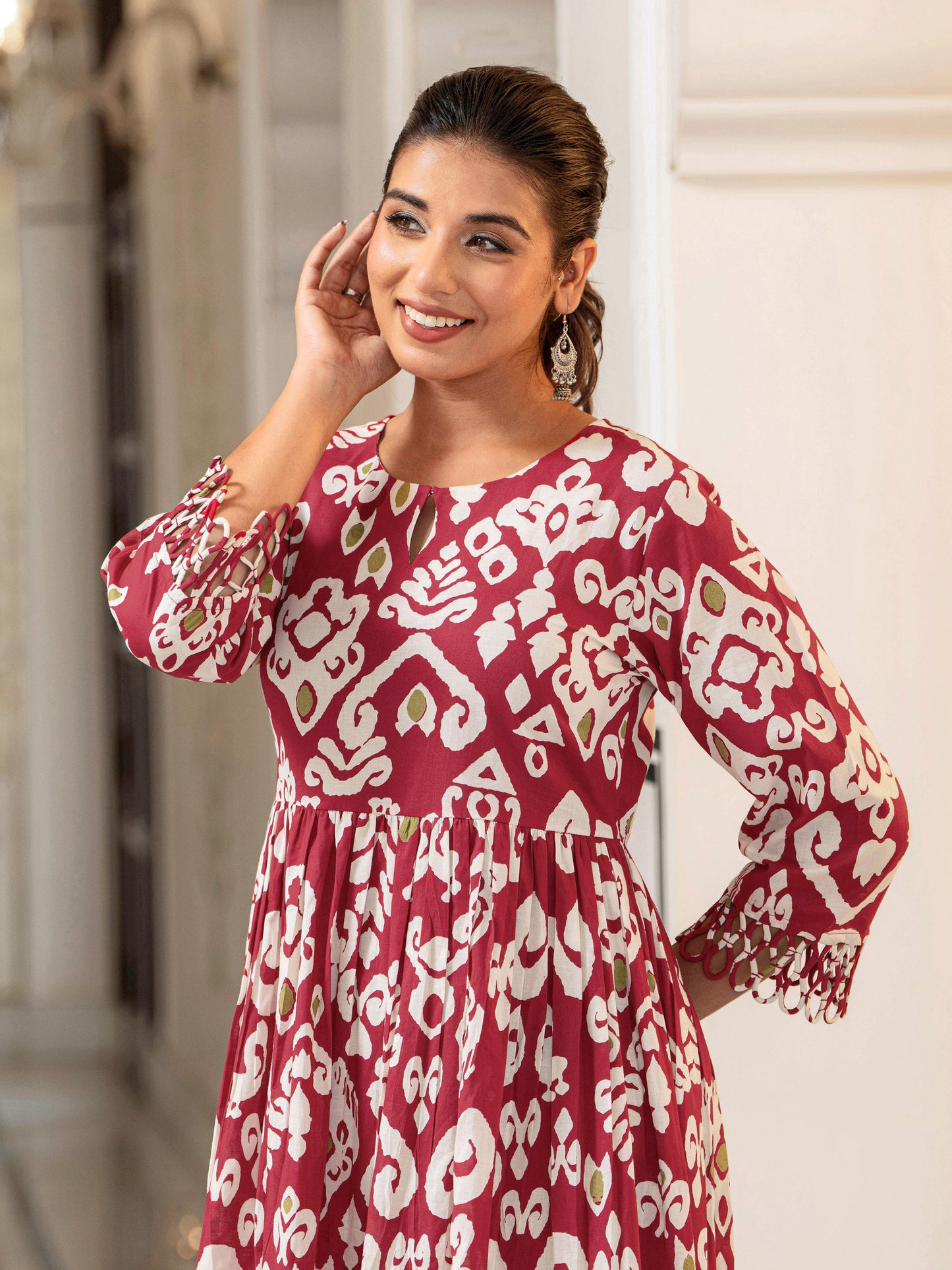 Soft Cotton Ikat Flared Red Dress (With Bag)