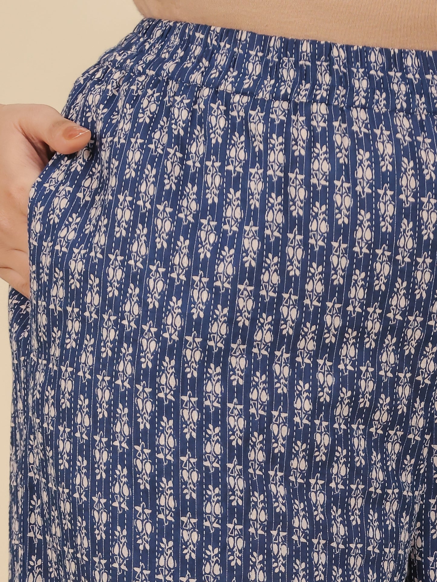 Kantha Cotton Paisley Straight Blue Kurta
