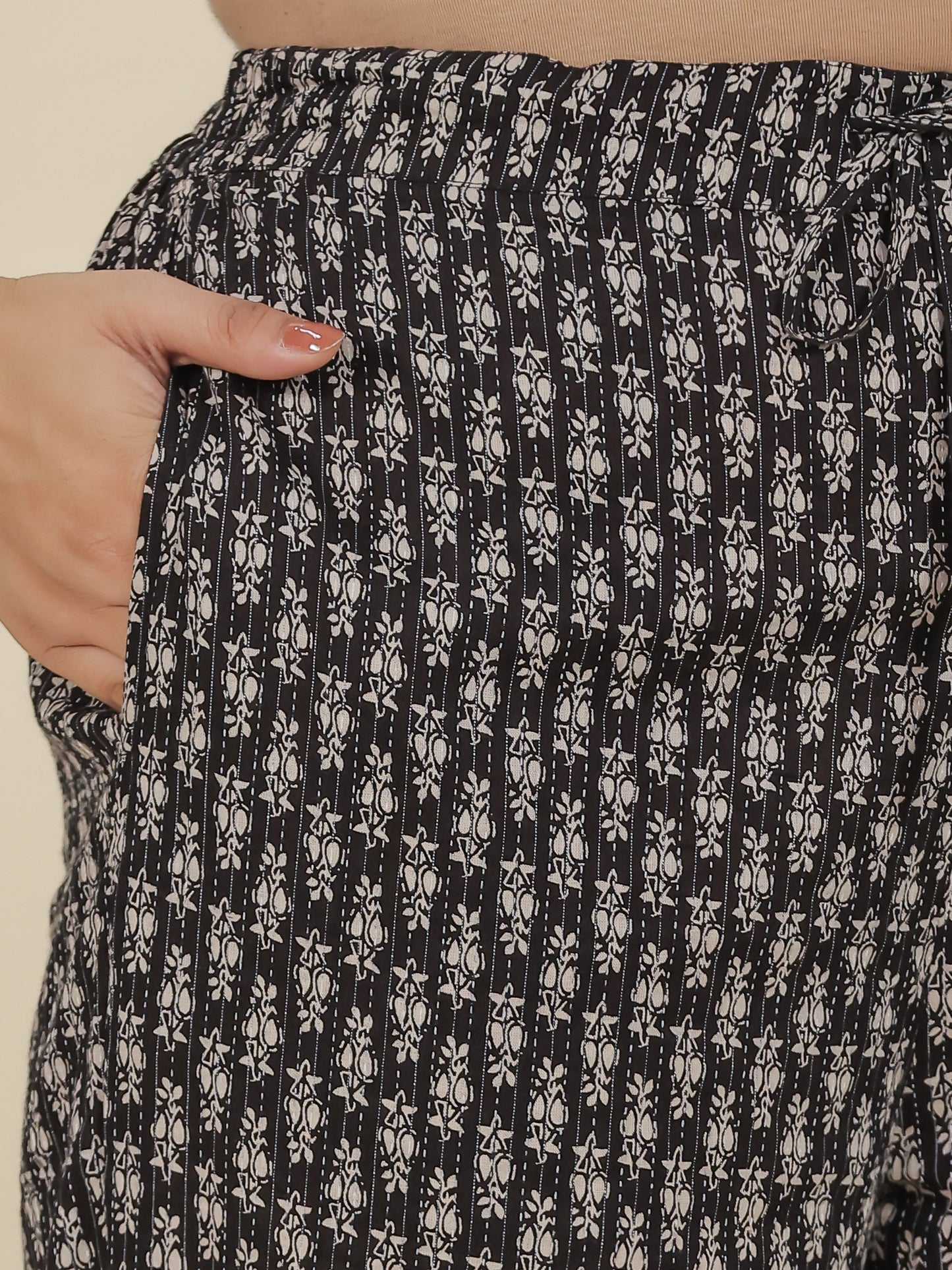 Kantha Cotton Butti Black Tapered Trousers