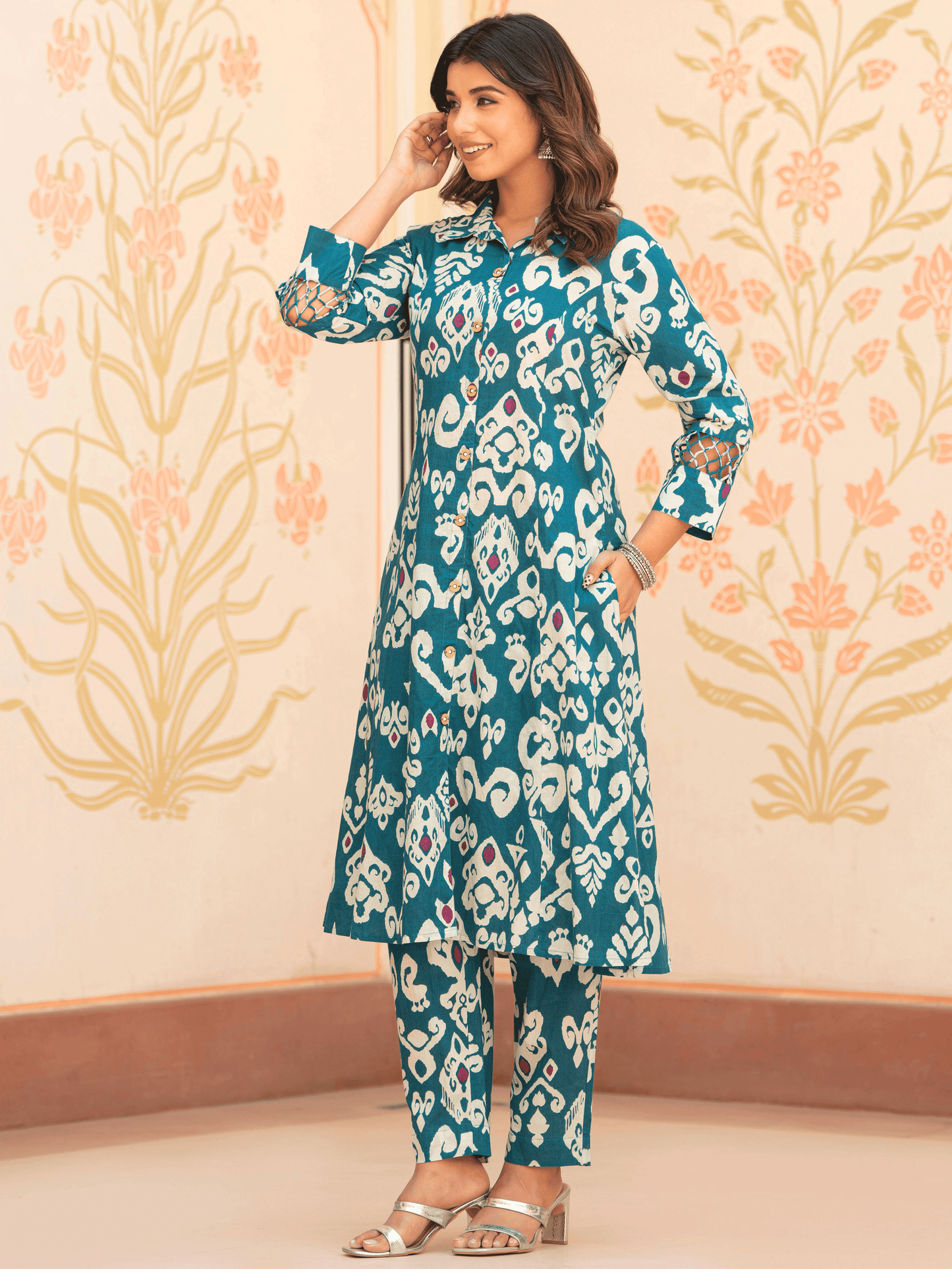 Soft Cotton Ikat High Low Teal Kurta