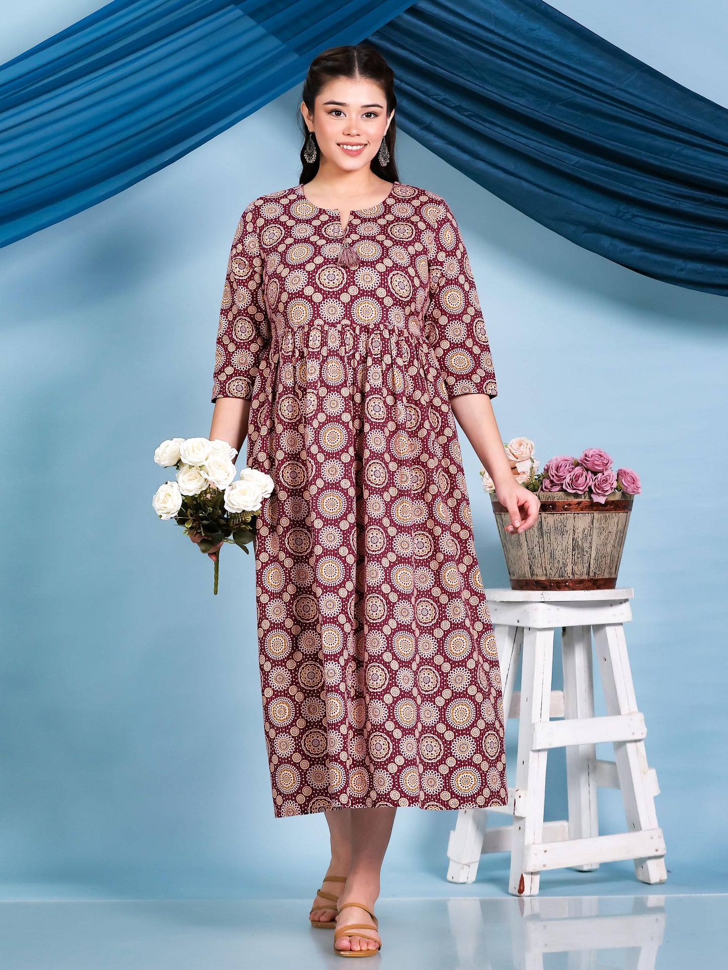 Kantha Cotton Geometric Anarkali Maroon Dress