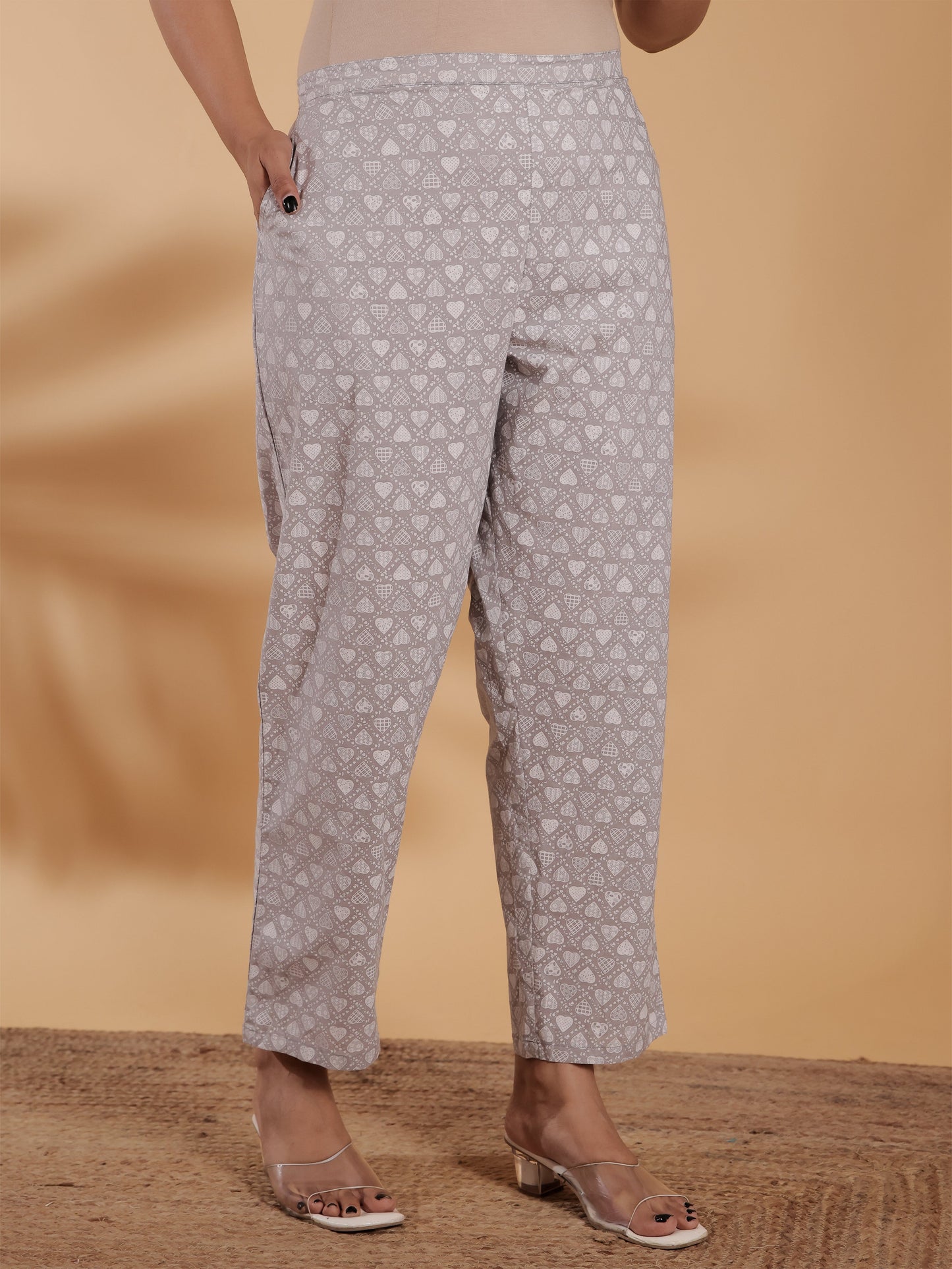 Soft Cotton Abstract Grey Tapered Trousers