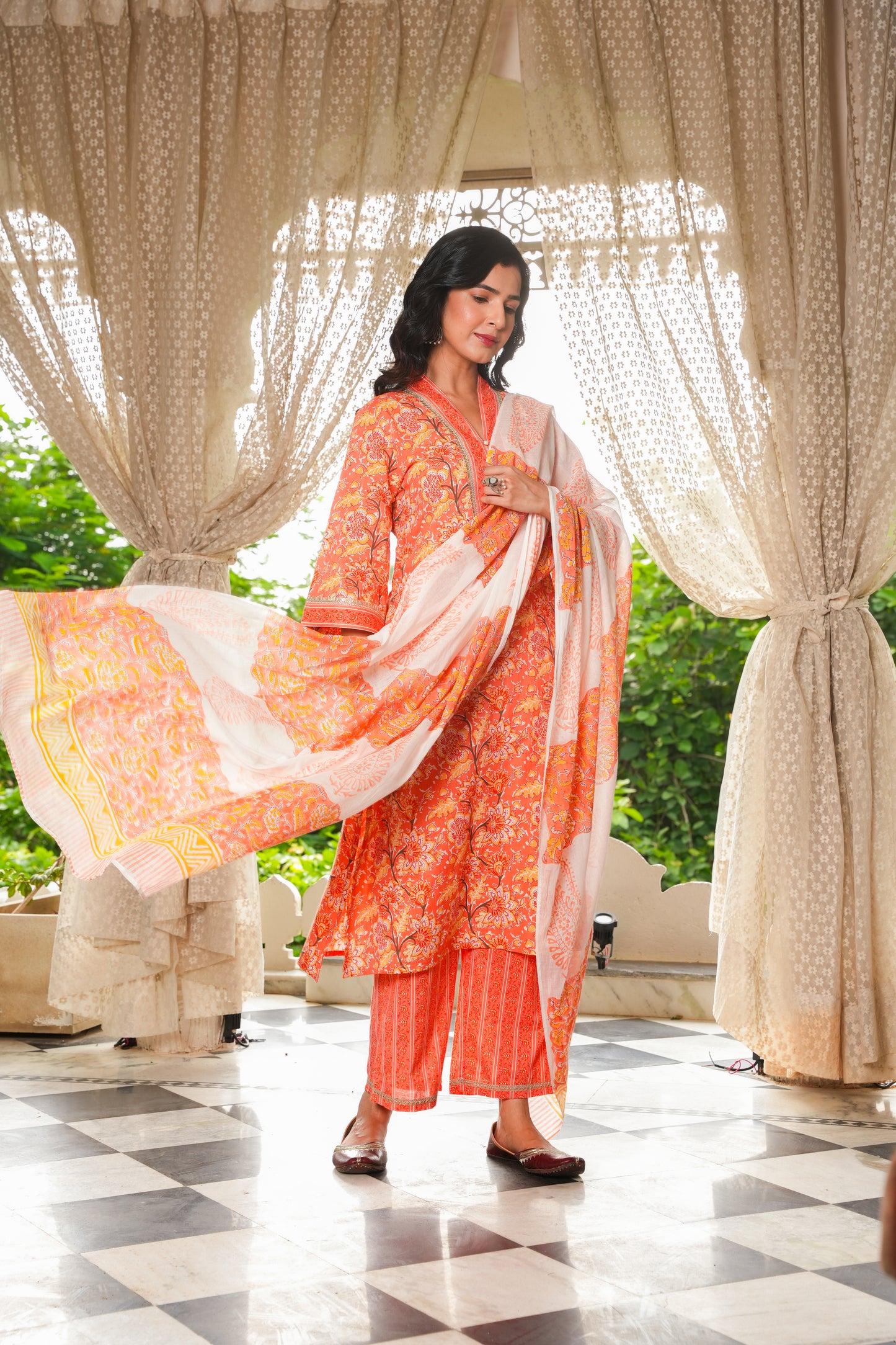 Voile Cotton Block Orange Dupatta
