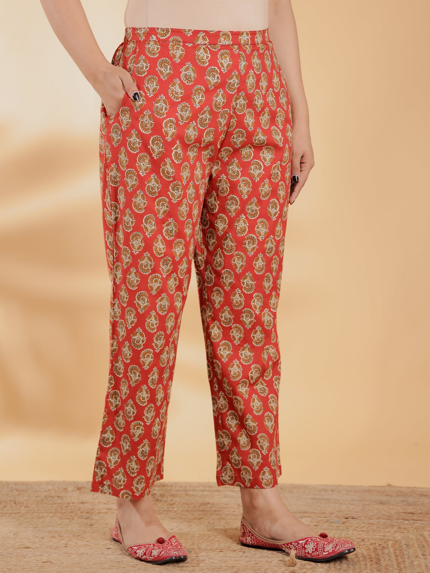 Soft Cotton Floral Straight Red Kurta