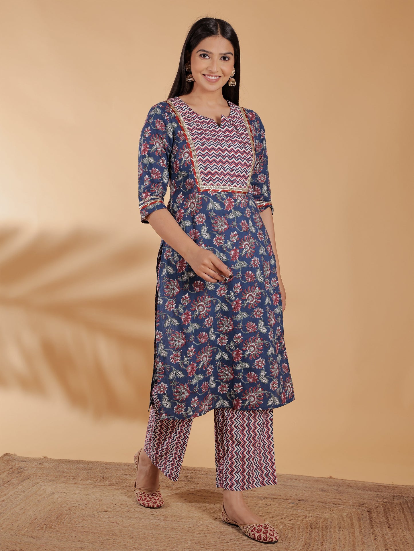 Soft Cotton Floral Straight Blue Kurta