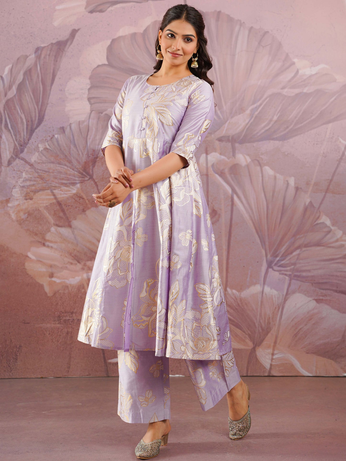 Chanderi Gold foil Anarkali Lavender Kurta
