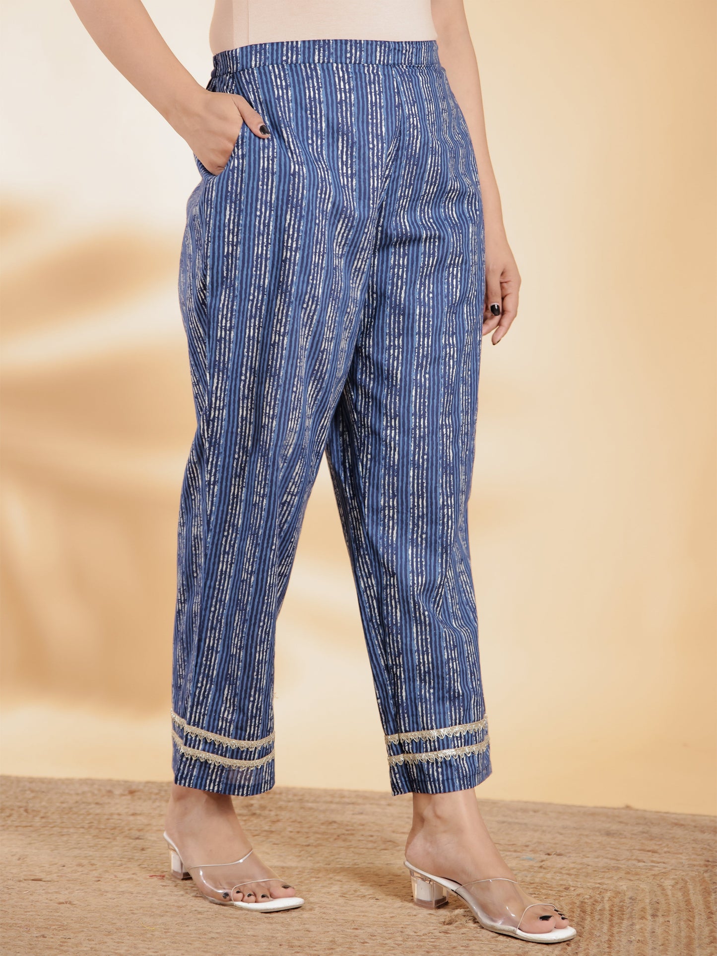 Soft Cotton Striped Blue Straight Trousers