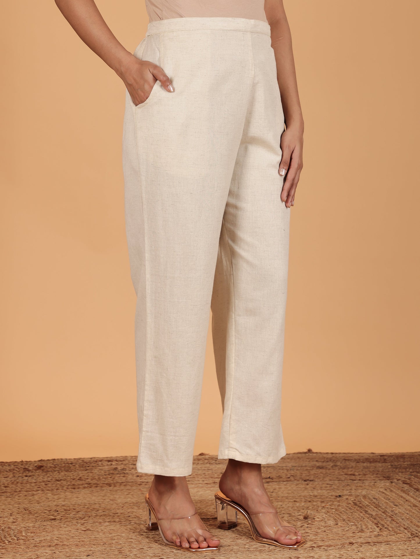 Linen Cotton Solid natural white Straight Trousers