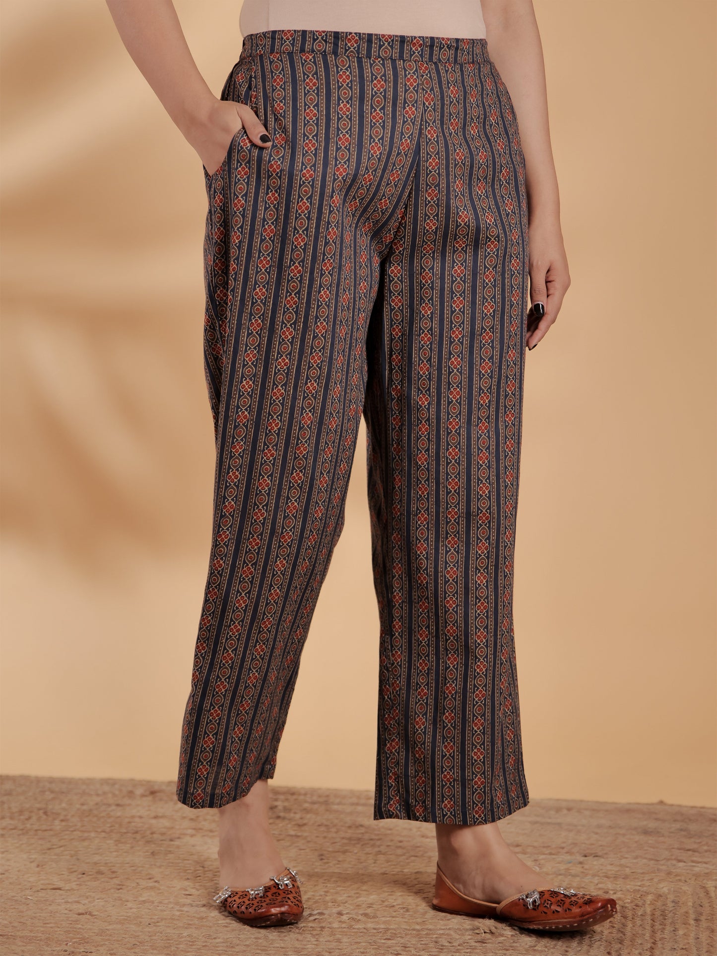 Soft Cotton Striped Blue Straight Trousers