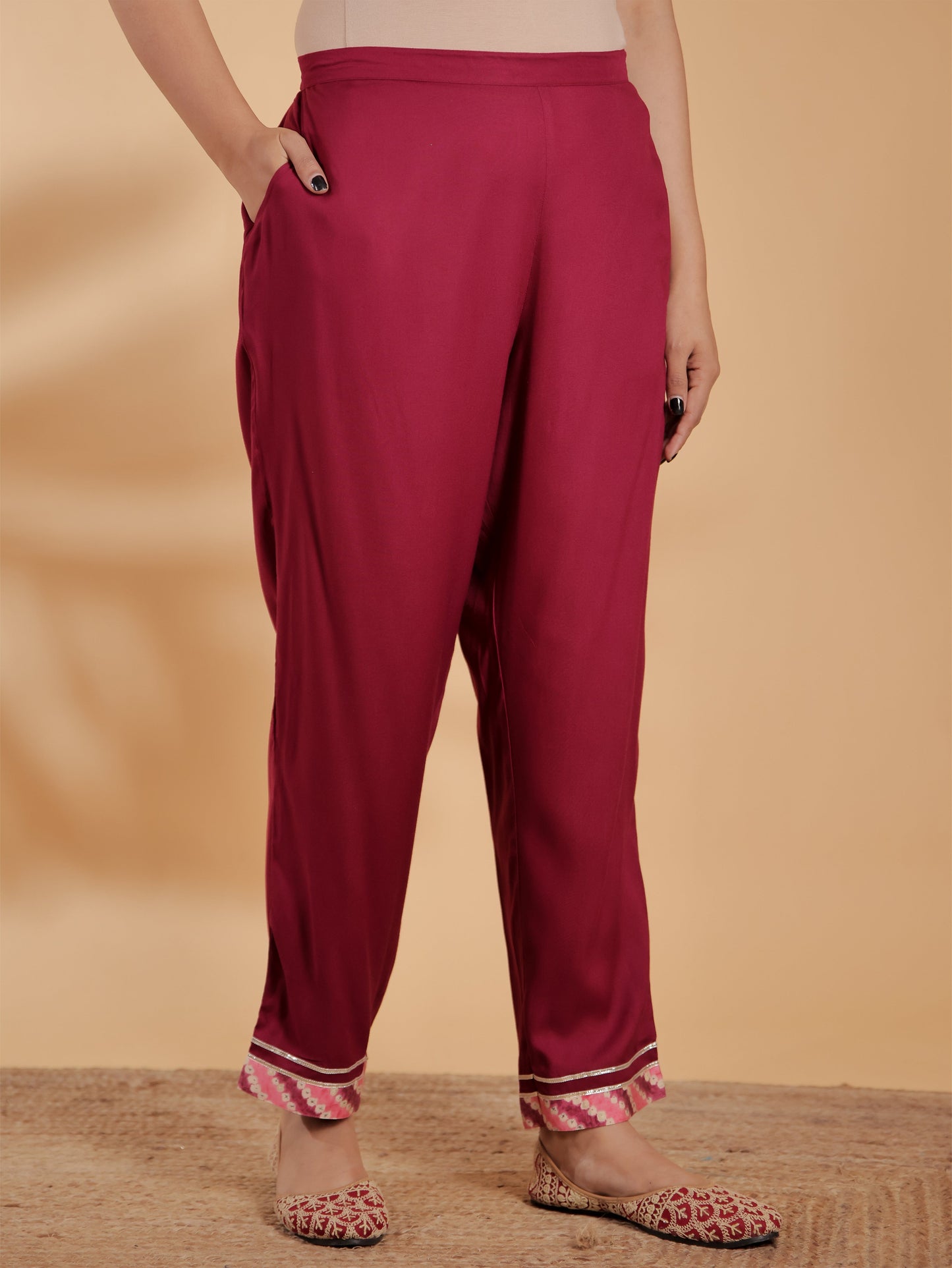 Viscose Solid Maroon Tapered Trousers