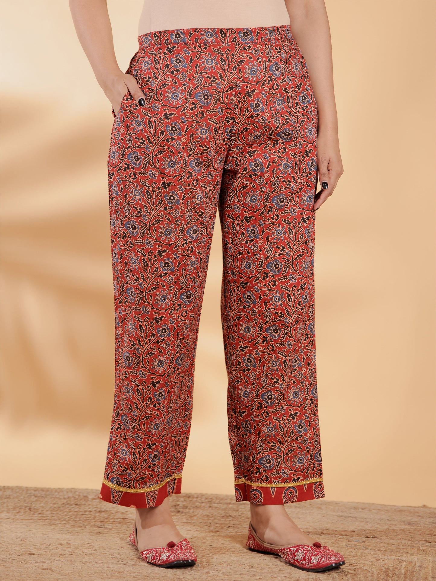 Soft Cotton Ajrakh Red Straight Trousers