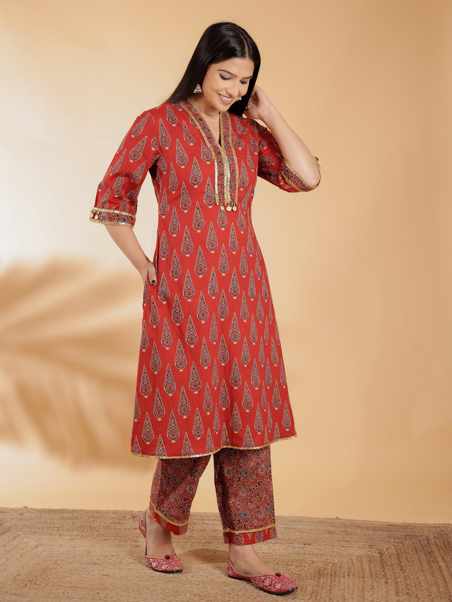Soft Cotton Ajrakh Straight Red Kurta