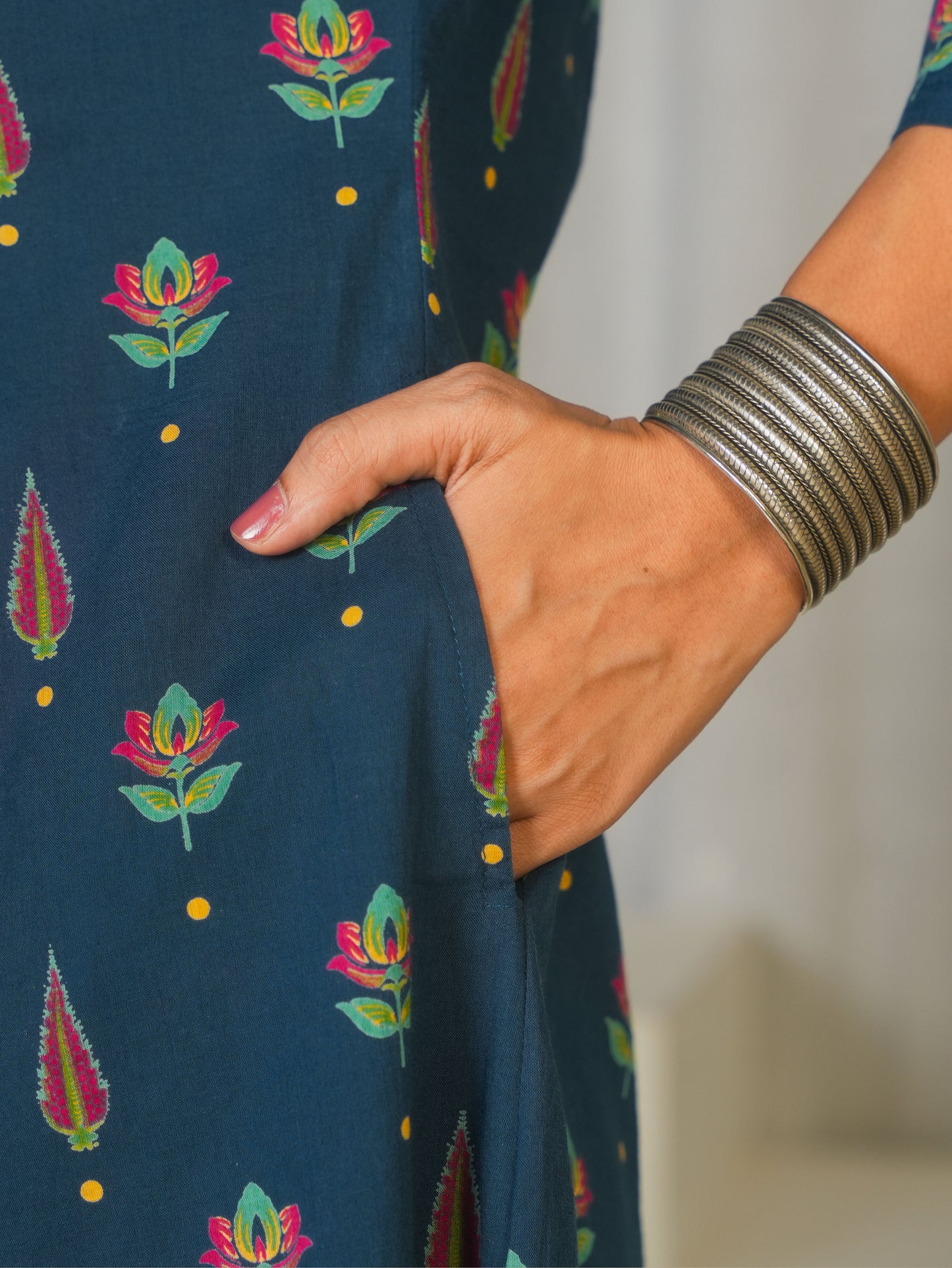 Soft Cotton Butti Flared Blue Kurta