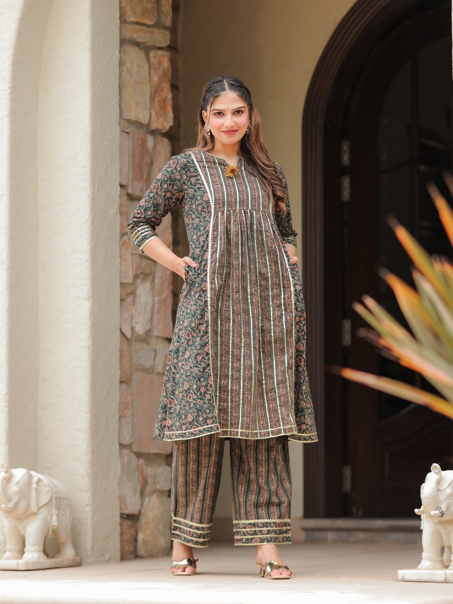 Soft Cotton Ajrakh Panelled Green Kurta
