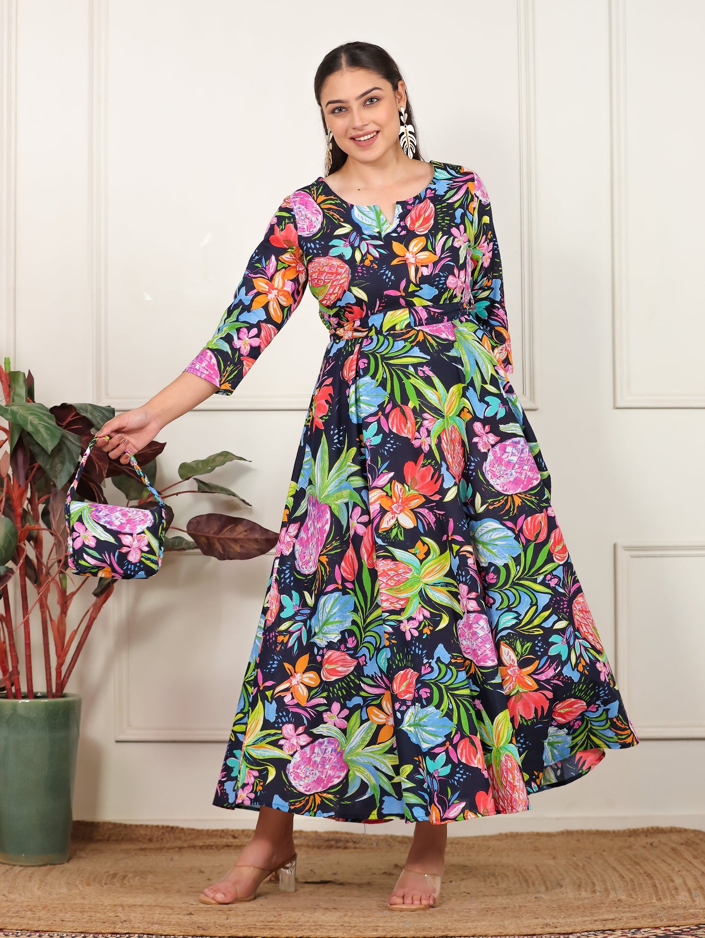 Soft Cotton Floral Anarkali Multicolor Dress (With Bag)