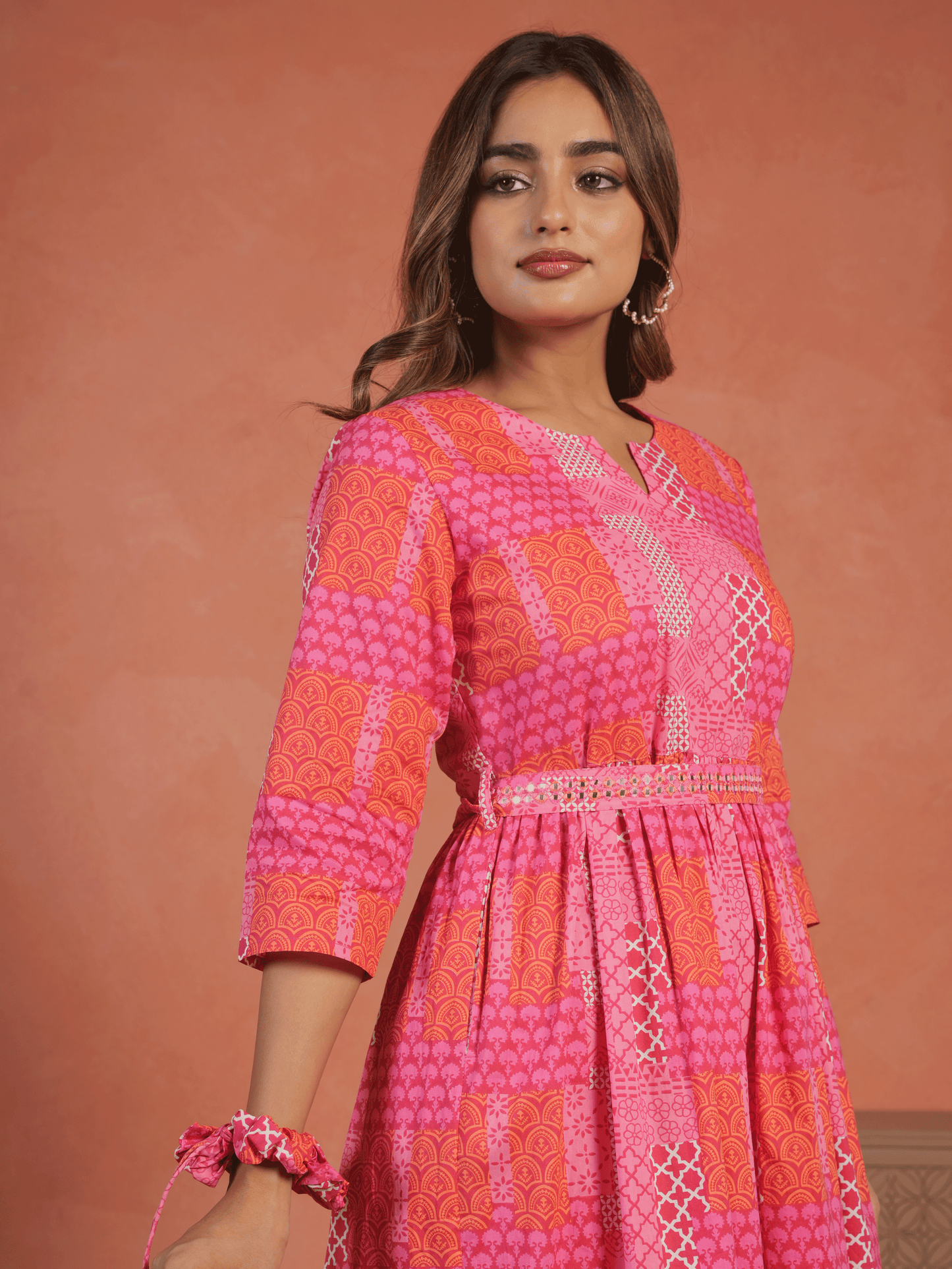 Embroidered Soft Cotton Patchwork Anarkali Pink Dress (With Belt)