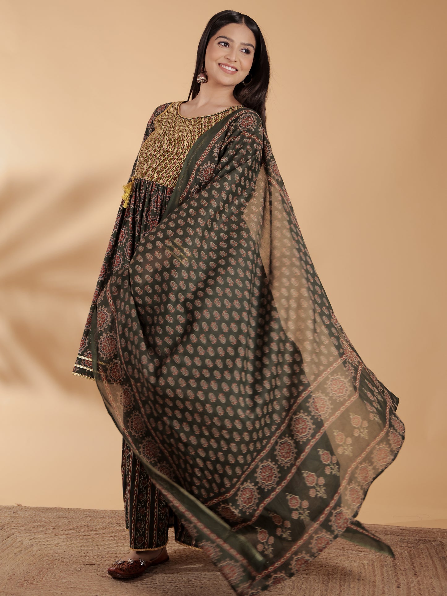 Voile Cotton Ajrakh Green Dupatta